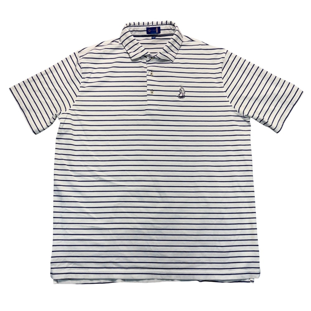 Stitch Golf Mens XL Giza Cotton Navy White Striped Polo Indian Head 1920 Logo